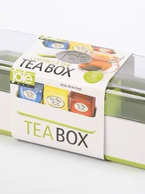 Joie Green and White Tea Box Organizer with Clear Lid holds 36 tea bags